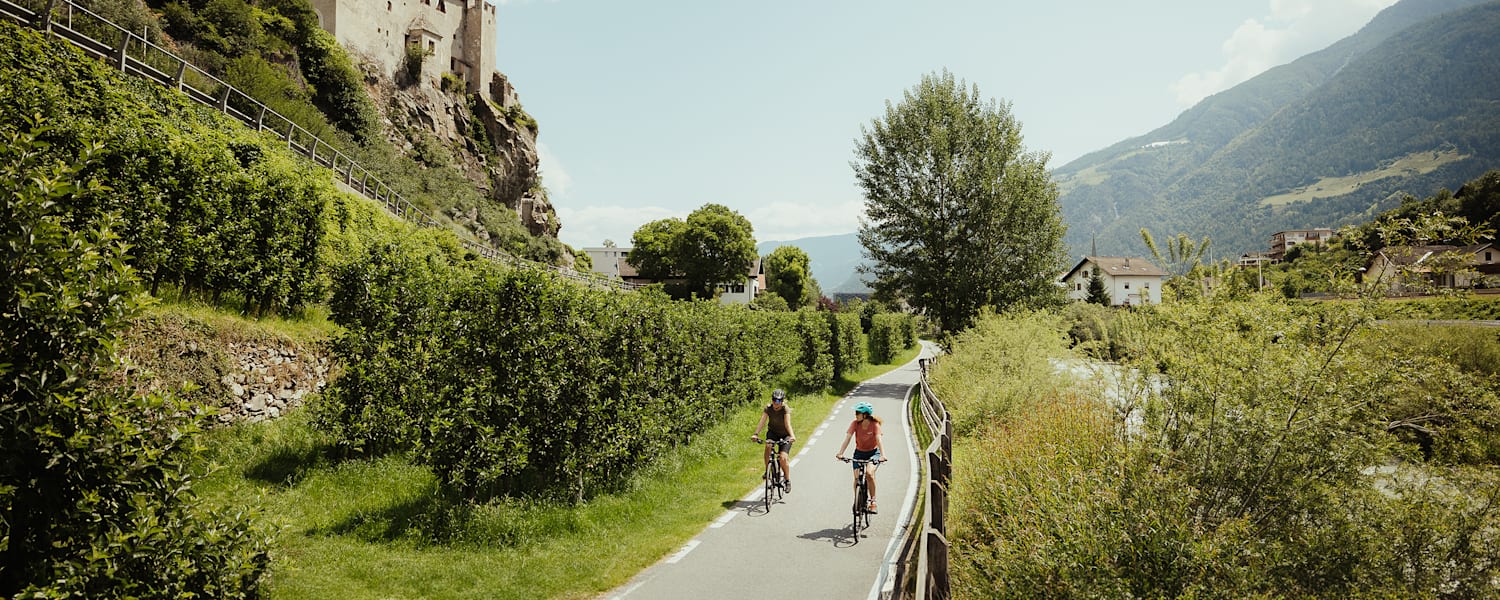 Zwei Frauen fahren mit dem Fahrrad im Frühling durch die grünen Wälder von Südtirol.