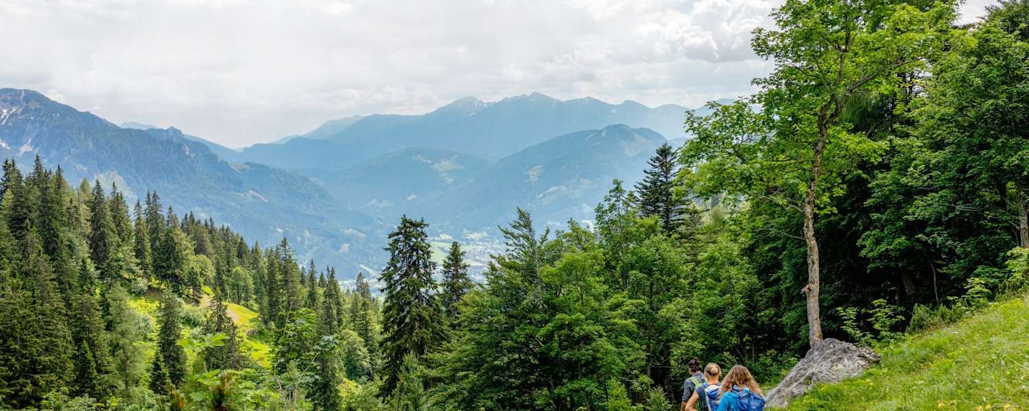 Bergsteiger auf einem Wanderweg im Wald.