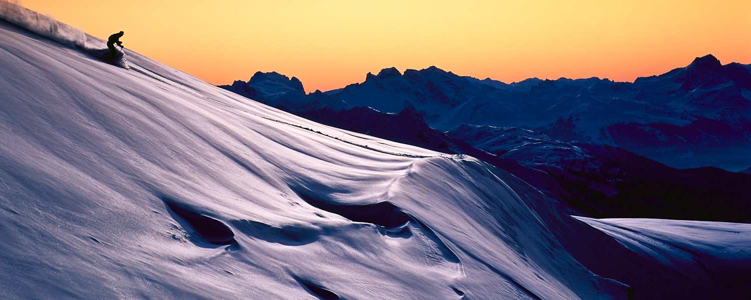 Abendstimmung an der Valluga Nord am Arlberg: eine der legendärsten Freeride-Abfahrten der Alpen