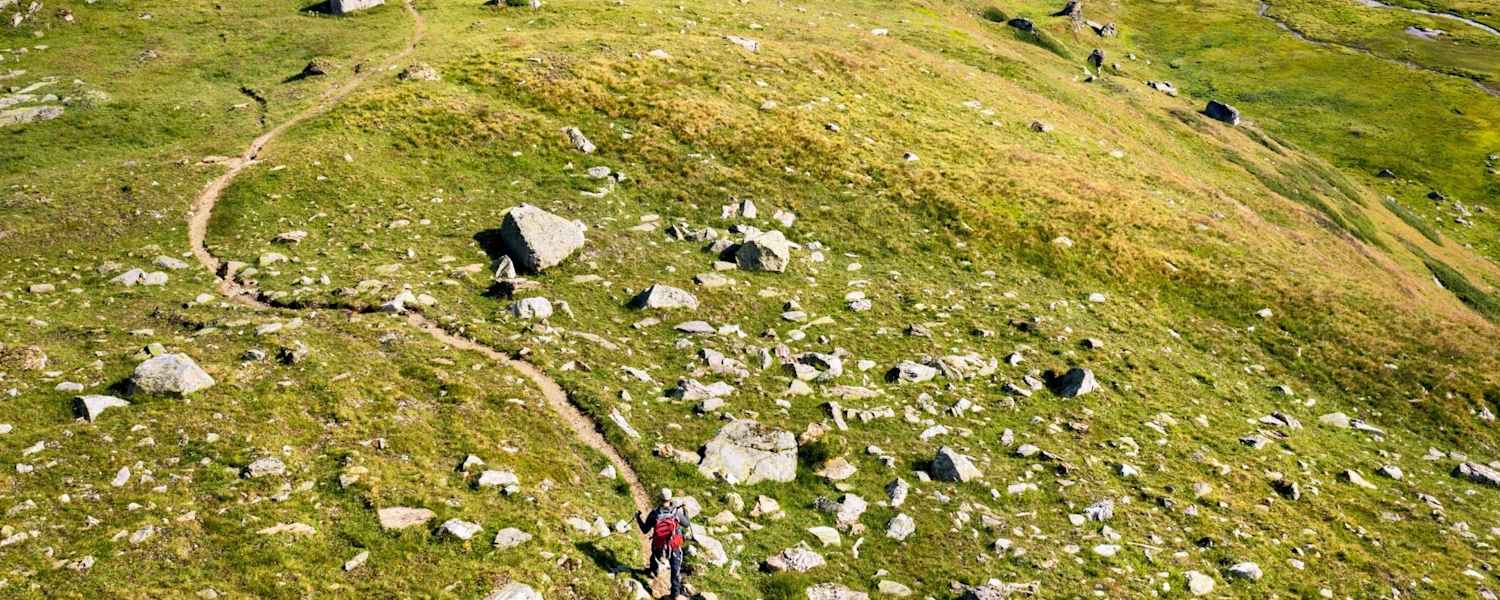 Ein Blick von oben über die grünen Wiesenlandschaften des Plateau von L’Ar du Tsan.