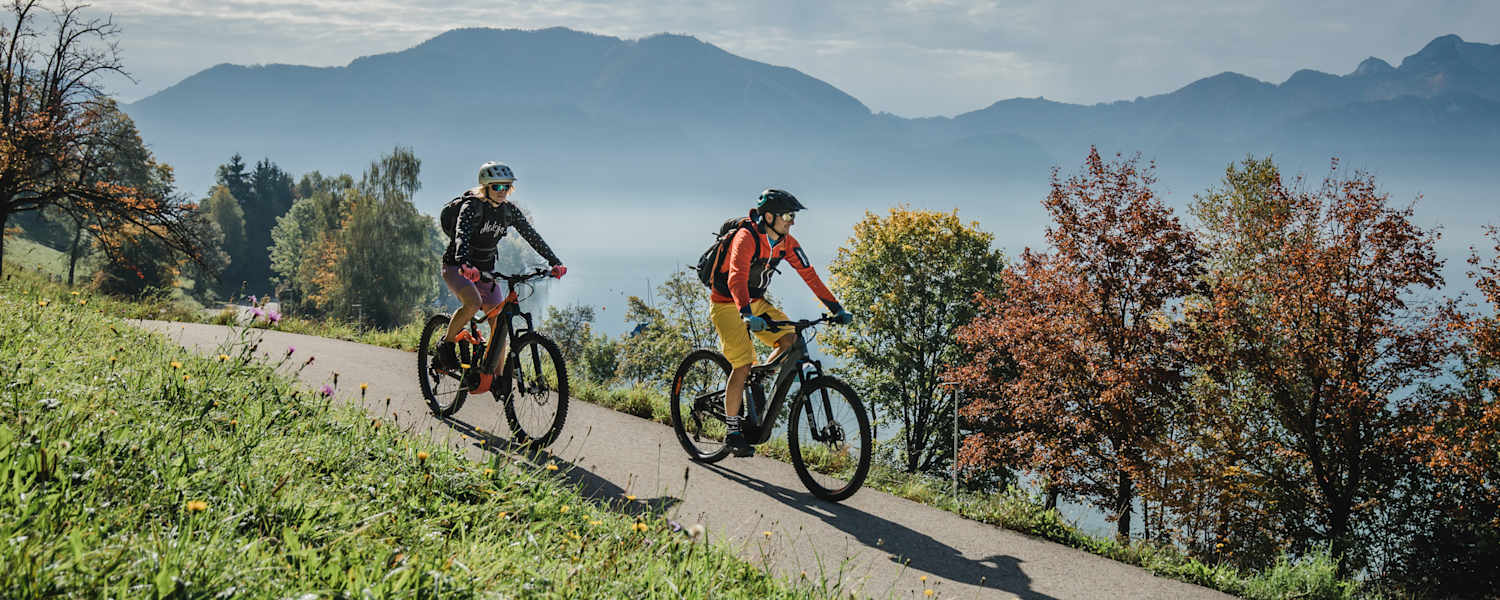 Zwei Radfahrer auf einer Straße in Oberösterreich, im Hintergrund Berge und buntgefärbte Bäume.
