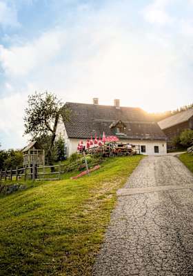 Das urige Almgasthaus Rehberg im Sonnenlicht.