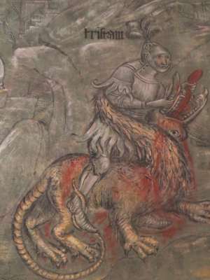 Fresko auf Schloss Runkelstein: Tristan tötet den Drachen
