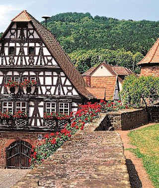 Der Pfälzer Weinsteig führt vom Rathaus in Dörrenbach hinauf zur Kolmerbergkapelle.