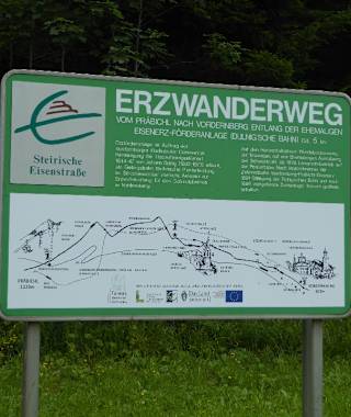 Unweit von der Bushaltestelle Präbichl Passhöhe stimmt uns eine Überblickstafel auf den Erzwanderweg entlang der ehemaligen Eisenerz-Förderanlage nach Vordernberg ein.