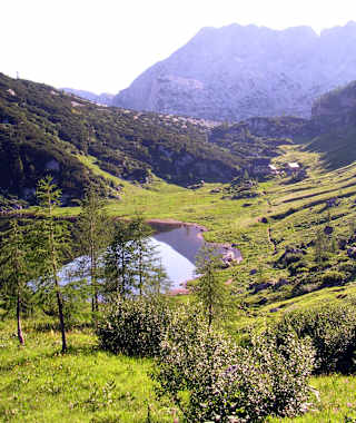 Blick von Emil's Tränenhügel auf die Pühringerhütte am Elmsee