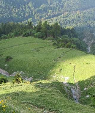 Steiler Hang hinauf unter die Felstürme