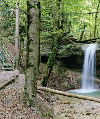 Auf dem Weg ins Rörlitobel stürzt der Bäntalbach über eine Nagelfluh-Geländestufe.