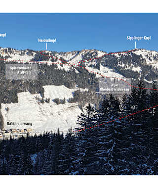 Übersicht Skitour Alpe Oberbalderschwang und Gipfelziele ausgehend von der Alpe.