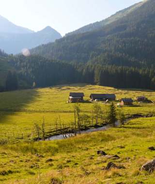 Zum Dürrmooswasserfall im Sölktal: Die Bräualm mit dem Knallstein im Hintergrund 
