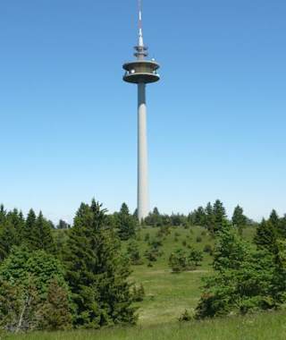 Der Turm auf dem Plettenberg vom Rand des Steinbruchs aus gesehen.