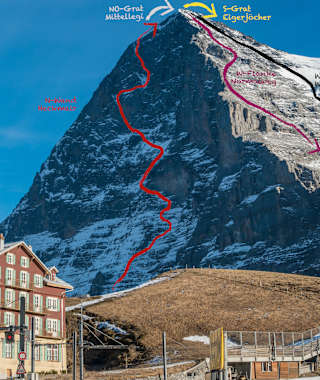 Die Heckmair-Route durch die N-Wand des Eiger mit dem „Winterabstieg“ durch die W-Flanke. Je nach Verhältnissen bieten sich auch andere Abstiegsmöglichketen an.