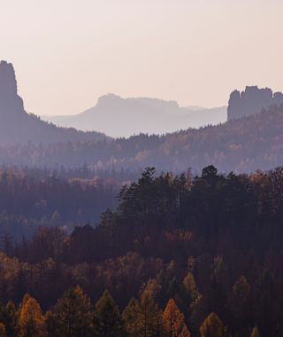 Ausblick vom Schneiderloch beim Kuhstall mit Schrammsteinen und Falkenstein