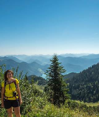 Am Anstieg zum Herzogstand. Wir blicken auf den oberen Teil des Reitweges von der Kesselberghöhe
