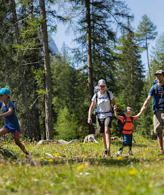 Familienwanderung im Gaistal: Familie läuft auf Wiese durch den Wald