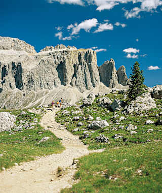 Am Rückweg von der Comicihütte zum Sellajoch. Blick gegen die Sellatürme.