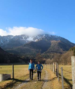 Über weite Wiesen mit dem Schneeberg im Rücken