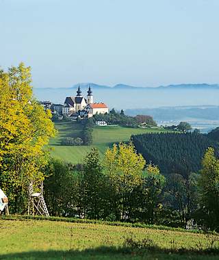 Wallfahrtsort Maria Taferl über dem nebelbedeckten Donautal.