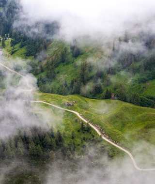 Ausblick vom Wörschacher Raidling (1.912 m) auf die Lampoltenalm, den weiteren Abstieg der Tour.