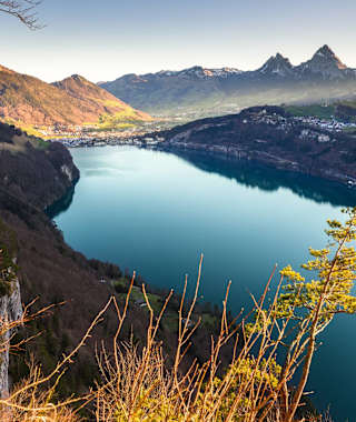 Aussicht von der Marienhöhe in Seelisberg auf das Rütli, den Urnersee und die beiden Mythen
