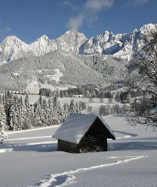 Verschneite Winterlandschaft in Ramsau am Dachstein, im Hintergrund das Dachstein-Massiv.