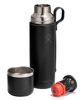 Schwarze Hydro Flask Hot Flask & Cup mit integriertem Becher und herausnehmbarem Verschlussaufsatz, ideal für heiße Getränke unterwegs.
