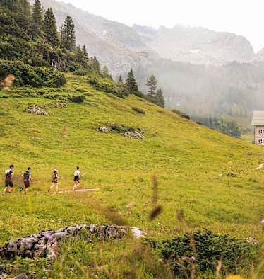 Vier Trailrunner laufen entlang einer Wiese auf einem Berg in Richtung einer Hütte mit roten Fensterläden.