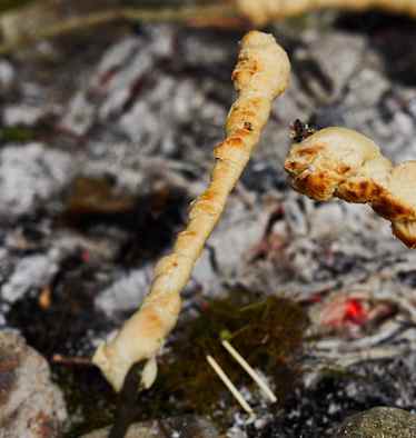 Den Teig für circa 10 Minuten über der Glut grillen