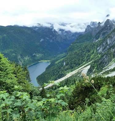 Blick von oben auf den Gosausee und die dahinter liegende Gosaulacke.