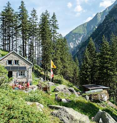 gemütliche Berghütte aus Stein umgeben von Wald