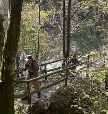 Fliegenfischer wandern durch den Bach