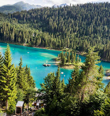 Ein See umgebene von Wäldern.