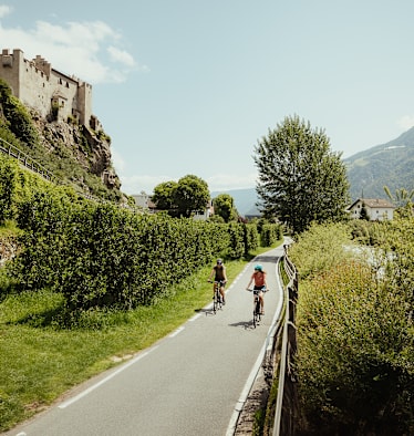 Zwei Frauen fahren mit dem Fahrrad im Frühling durch die grünen Wälder von Südtirol.