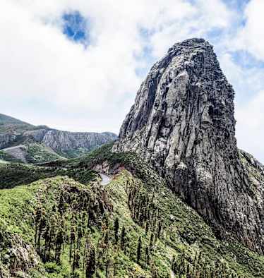 Ein Felsturm eingebettet in satten Grün