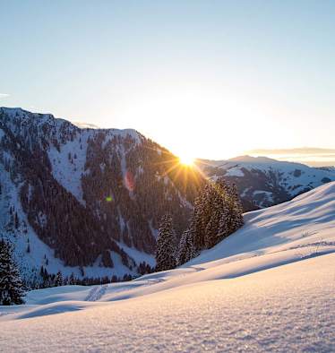 Die Abendsonne verschwindet hinter den schneebedeckten Gipfeln.