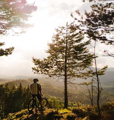 Ein Mountainbiker genießt die Aussicht
