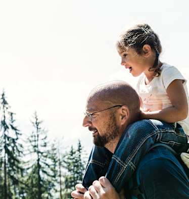 Das kleine Mädchen Lina sitzt auf den Schultern ihres Papas.