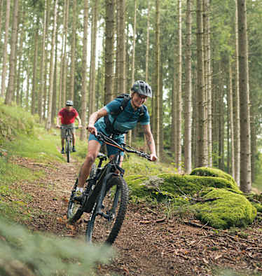 Mountainbiker auf einem naturbelassenen Trail im Wald im Mühlviertel, Oberösterreich – Biken inmitten von Bäumen und grüner Natur.