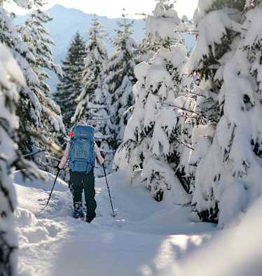 Eine Skitourengeherin unterwegs im verschneiten Winterwald