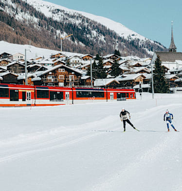 Ein Tal mit 2 Langläufern, einer Bahn und verschneite Tannen.