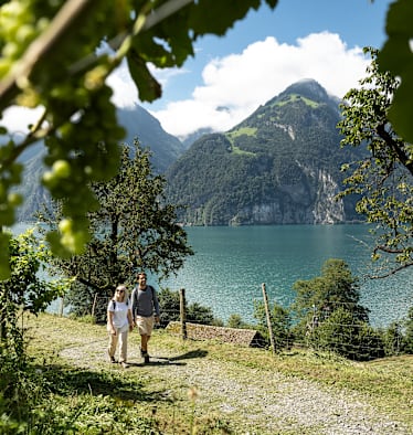 Ein Pärchen im Sommer in der Schweiz neben dem See in der Natur.