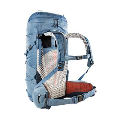 Rückseite eines blauen Damen-Tourenrucksack von Tatonka