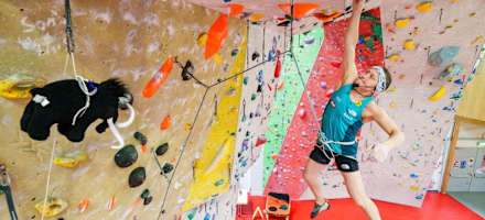 Die österreichische Parakletterin Linda Le Bon beim Klettern in der Halle