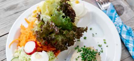 Speckknödel mit Salat auf der Enzianhütte bei Hochrum