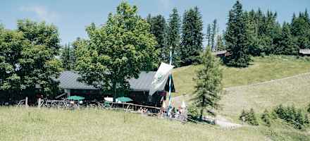 Auf der Alm, am Sattel zwischen Grindelalmschneid und Auerberg, stehen drei Hütten.