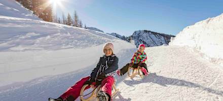 Von der Loosbühelalm kann man mit der Rodel ins Tal sausen.