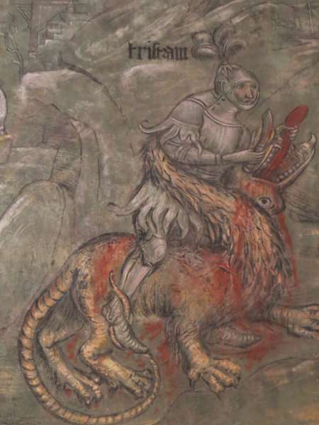 Fresko auf Schloss Runkelstein: Tristan tötet den Drachen