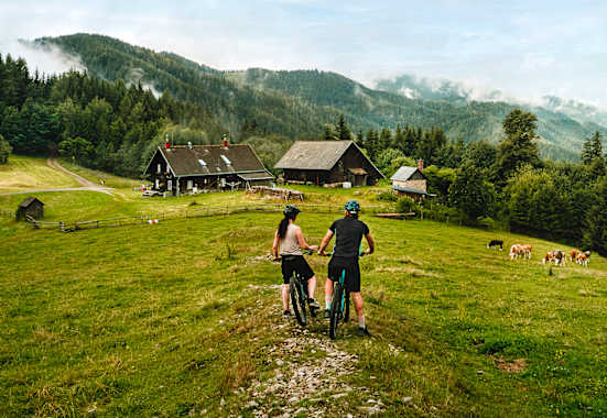 Zwei Radfahrer auf einem Almweg in der Hochsteiermark.