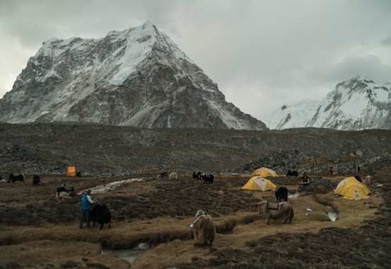 Das Basislager am Lunag Ri mit dem Himalaya Gebirge im Hintergrund