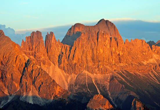 Alpenglühen an Rosengartenspitze und Vajolettürmen.